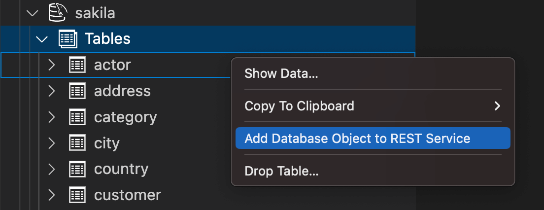 The REST object dialog for a database object