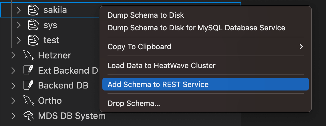 The dialog that adds a database schema to a REST service