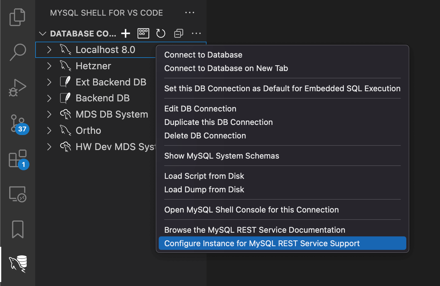 The context menu of a DB connection with the command that configures the instance for the REST service