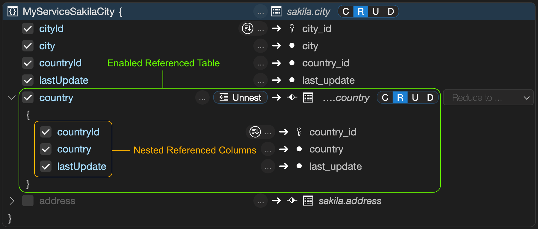 The REST object editor with the referenced table country enabled