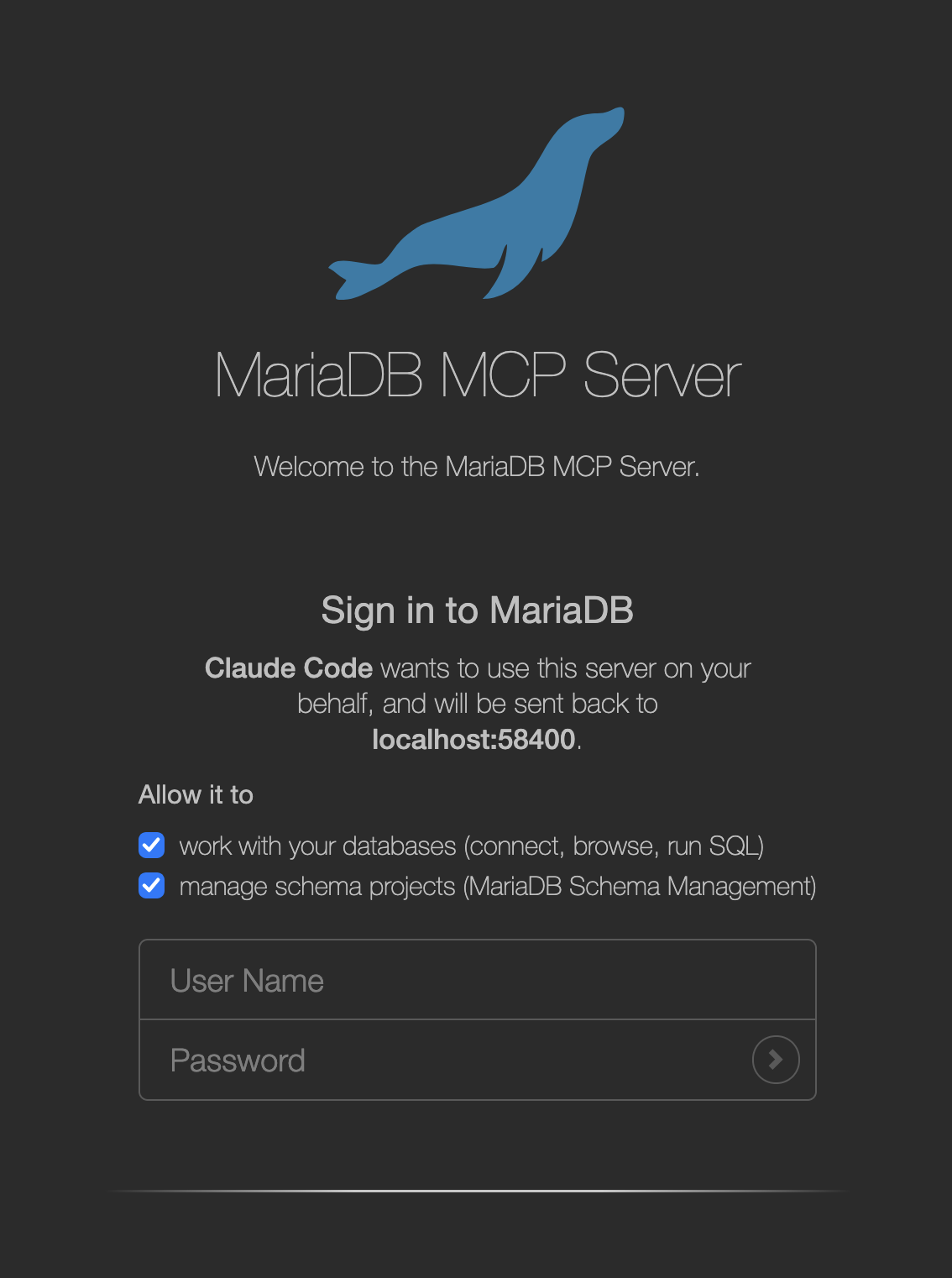 The MariaDB MCP Server sign-in page, showing the name of the client, the scopes it asks for as checkboxes, and the user name and password fields